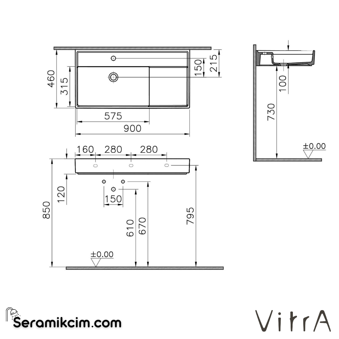 VitrA Archiplan Lavabo 90x46 cm Tek Armatür Delikli, Su Taşma Delikli, Beyaz - 7416B003-0001