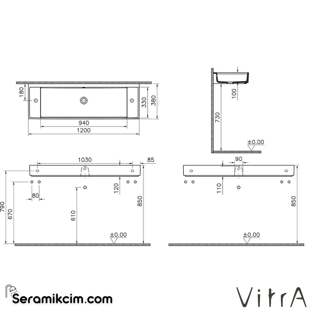 VitrA Archiplan Lavabo Kompakt, 120x38 cm Su Taşma Delikli, Beyaz - 7410B003-1452