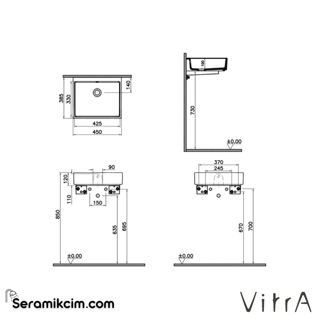 VitrA Archiplan Lavabo Kompakt, 45x38 cm Armatür Deliksiz, Su Taşma Delikli, Mat Taş Gri - 7403B076-0012