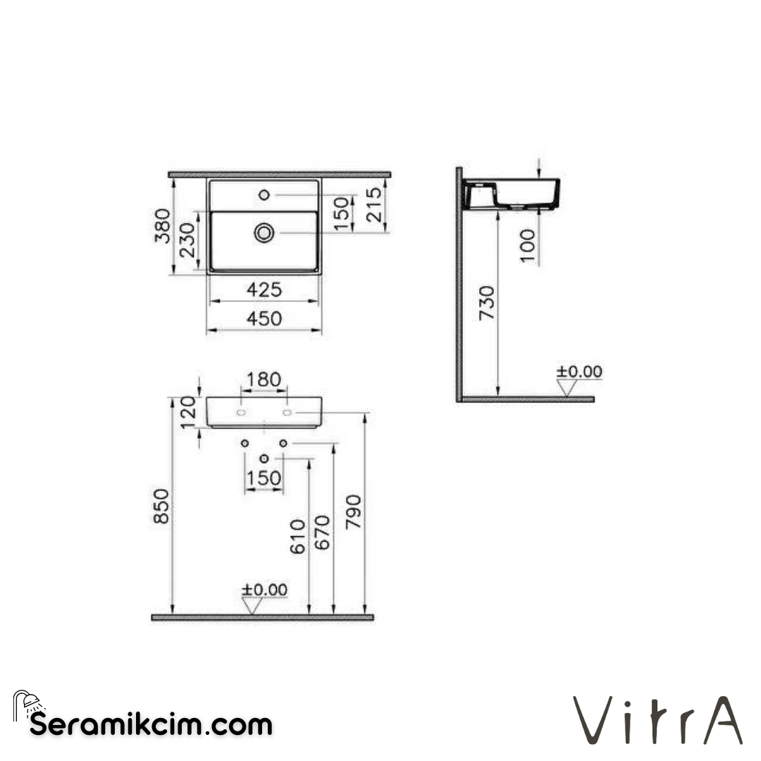 VitrA Archiplan Lavabo Kompakt, 45x38 cm Tek Armatür Delikli, Su Taşma Delikli, Mat Taş Gri - 7400B076-0001