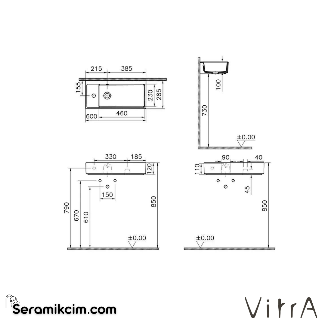 VitrA Archiplan Lavabo Kompakt, 60x28 cm Soldan Tek Armatür Delikli, Su Taşma Delikli, Mat Terra Rosa - 7408B077-0028