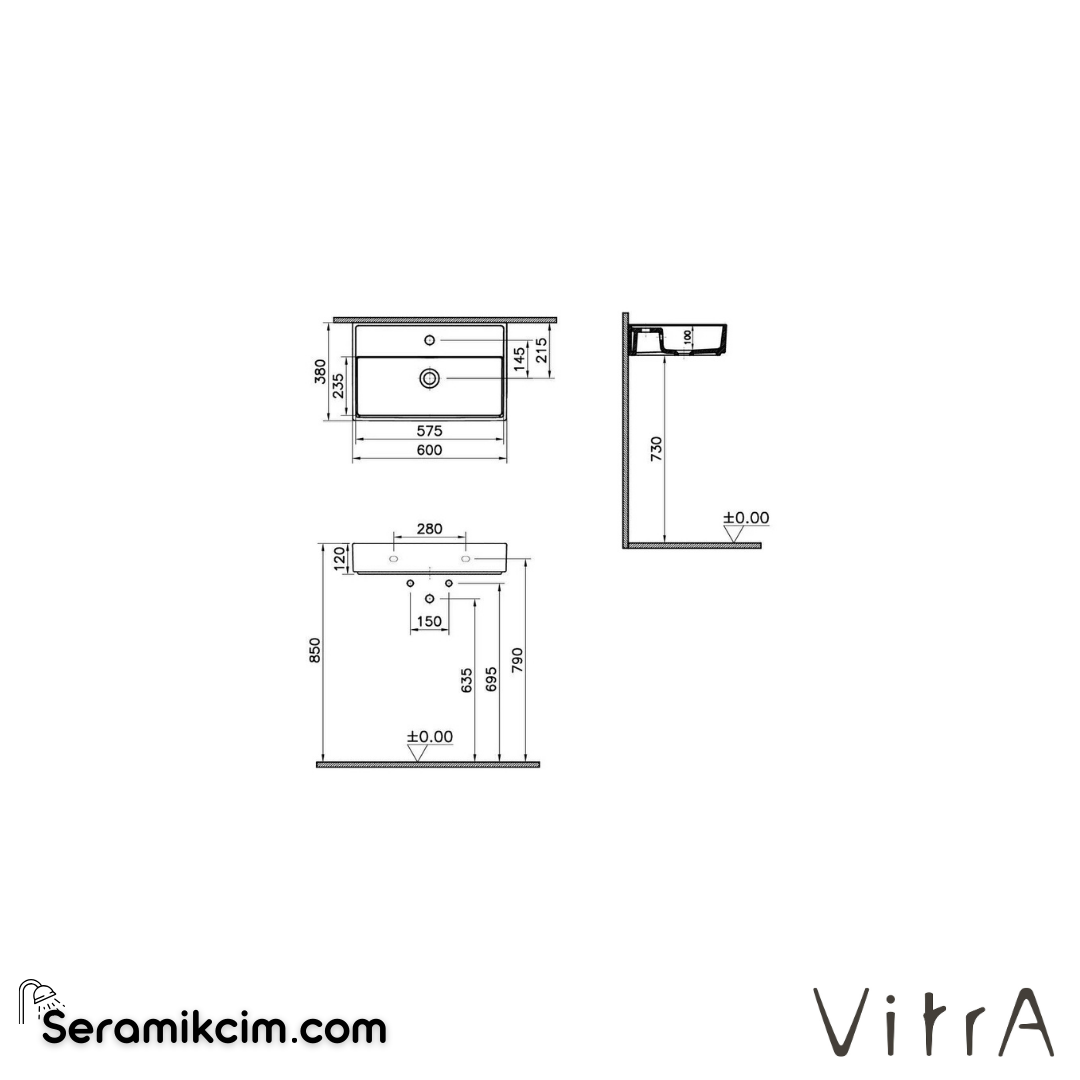 VitrA Archiplan Lavabo Kompakt, 60x38 cm Tek Armatür Delikli, Su Taşma Delikli, Beyaz - 7401B003-0001