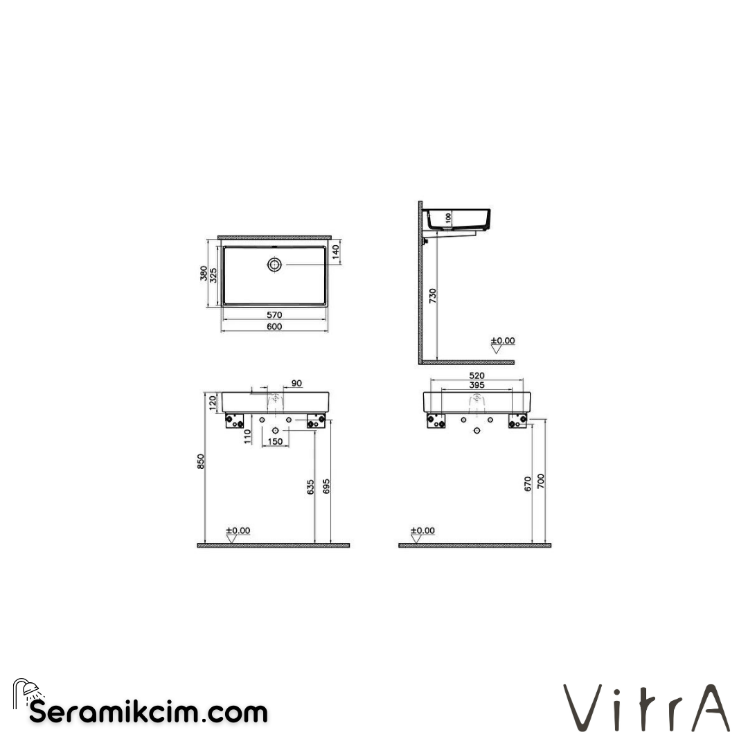 VitrA Archiplan Lavabo Kompakt, 60x38 cm Armatür Deliksiz, Su Taşma Delikli, Mat Taş Gri - 7404B076-0012
