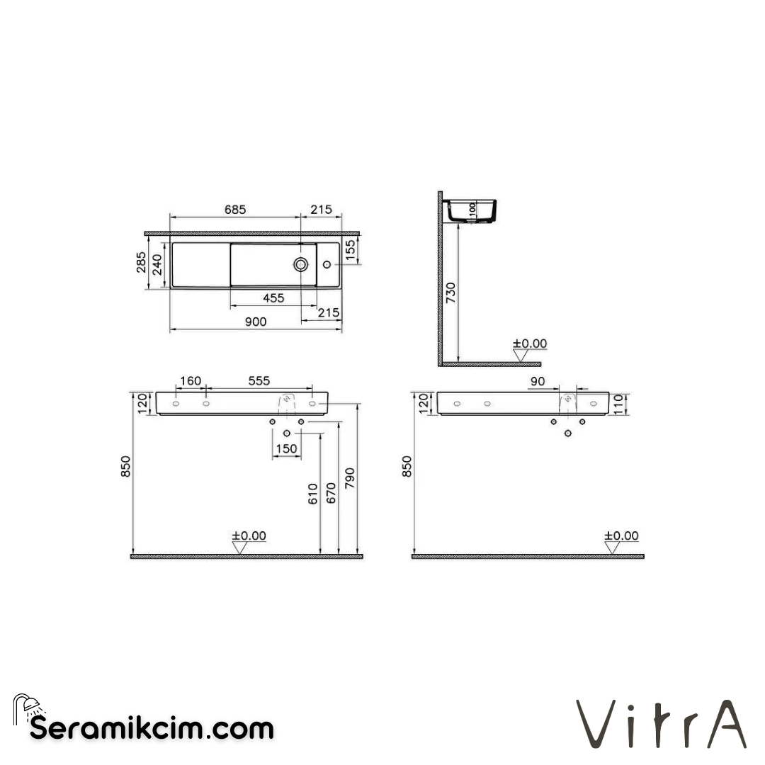 VitrA Archiplan Lavabo Kompakt, 90x28 cm Sağdan Tek Armatür Delikli, Su Taşma Delikli, Mat Terra Rosa - 7407B077-0029