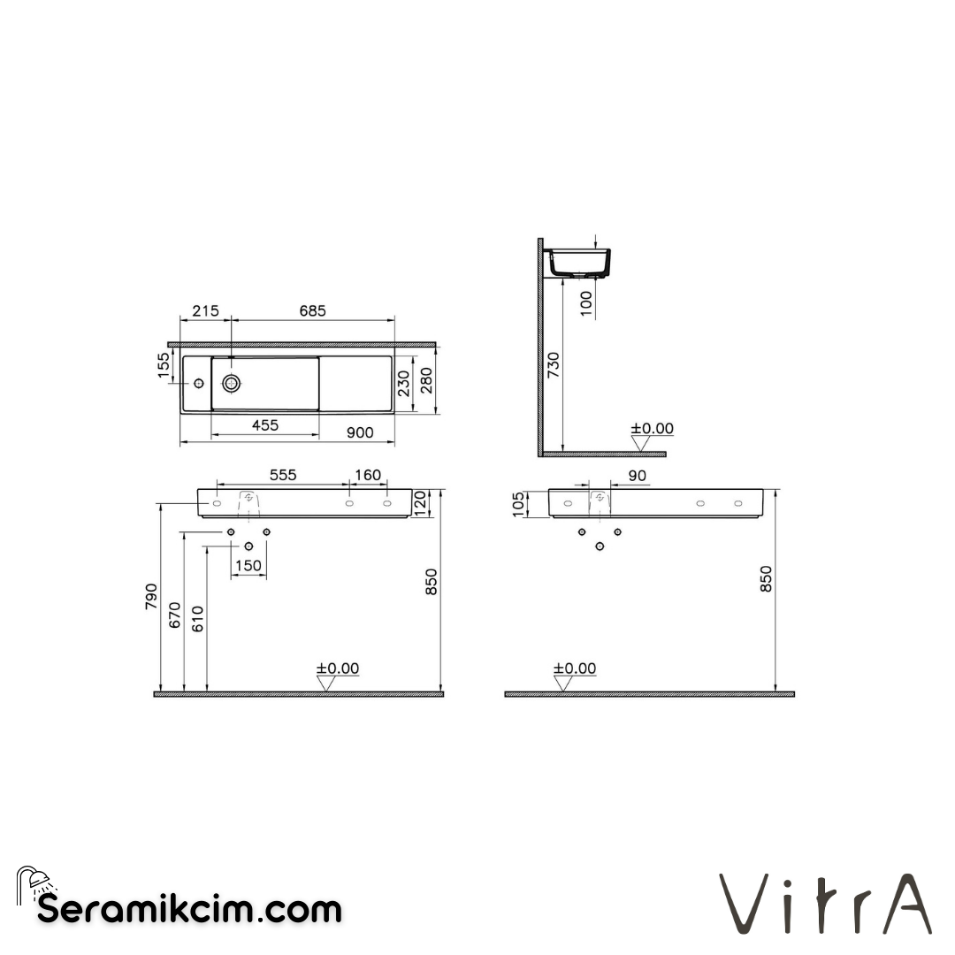 VitrA Archiplan Lavabo Kompakt, 90x28 cm Soldan Tek Armatür Delikli, Su Taşma Delikli, Mat Taş Gri - 7409B076-0028