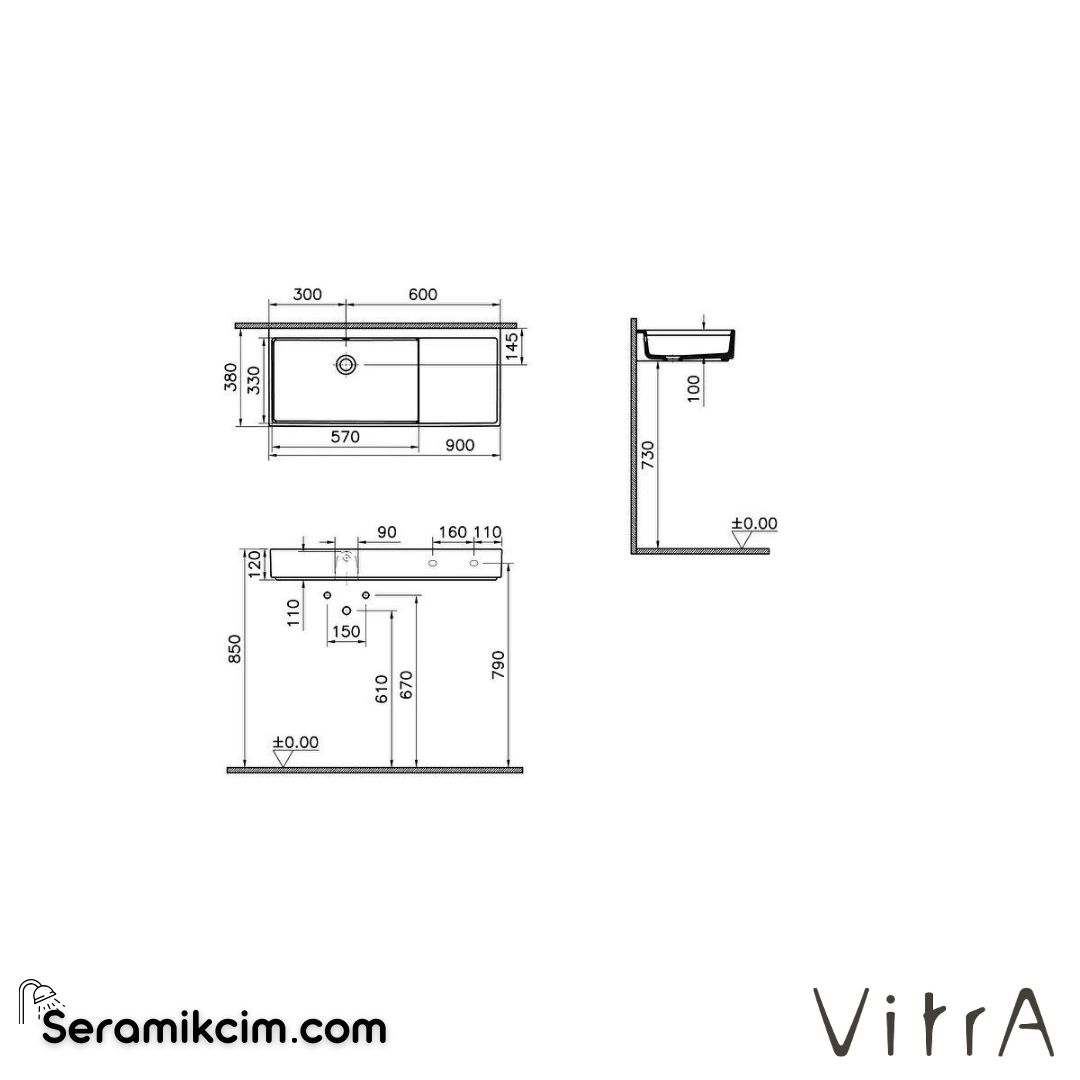 VitrA Archiplan Lavabo Kompakt, 90x38 cm Armatür Deliksiz, Su Taşma Delikli, Beyaz - 7405B003-0012