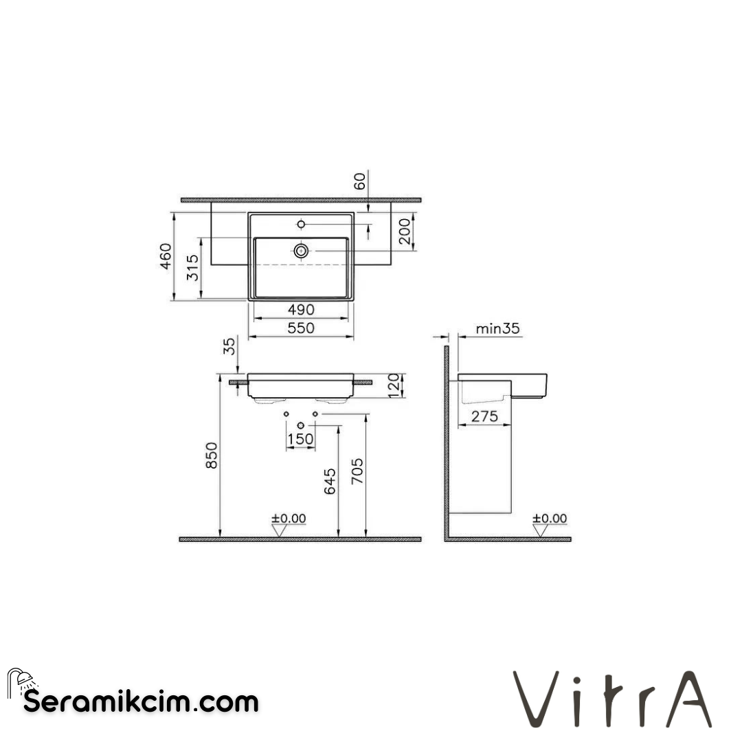 VitrA Archiplan Yarım Tezgah Lavabo 55x46 cm Tek Armatür Delikli, Su Taşma Delikli, Mat Terra Rosa - 7412B077-0001