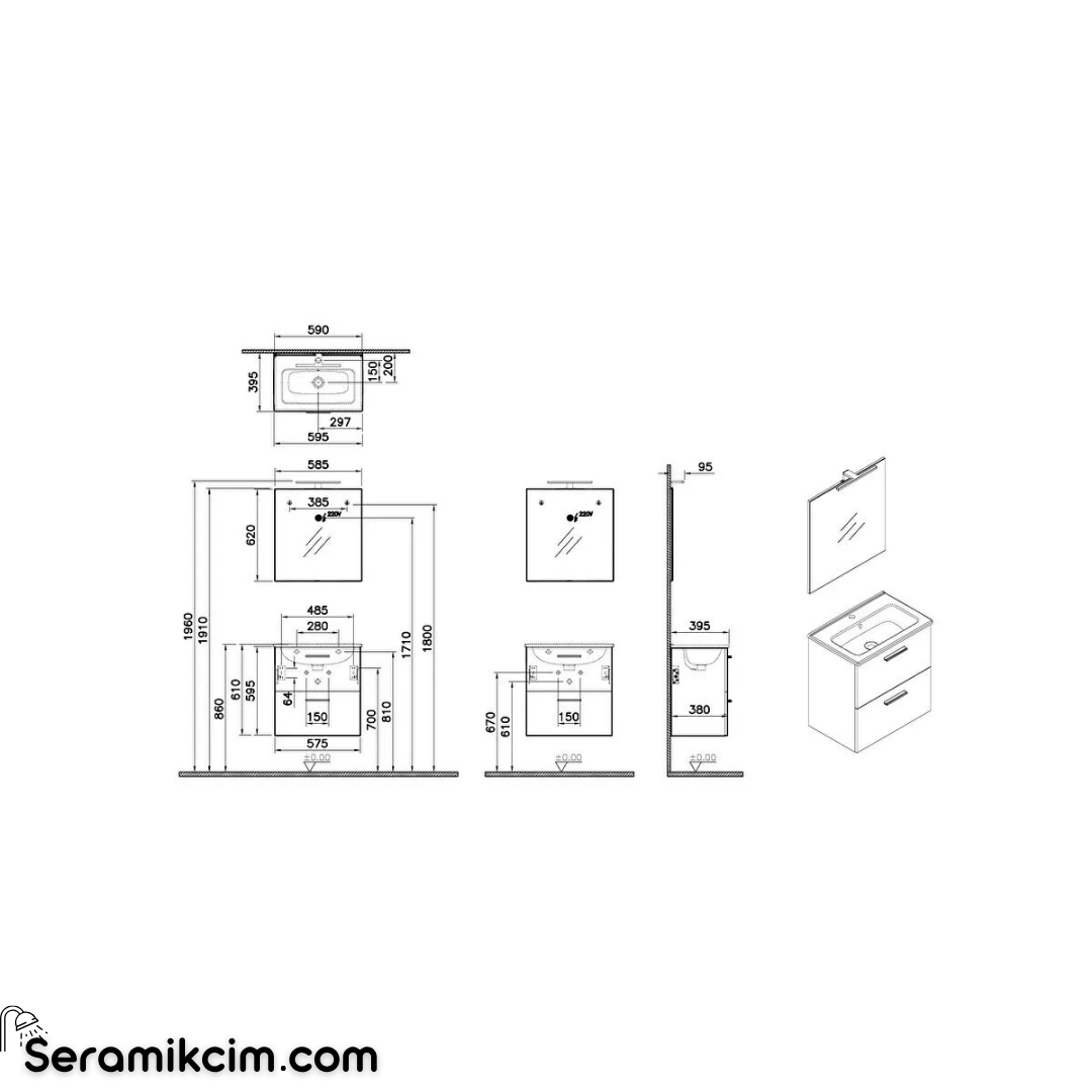 Vitra Banyo Dolabı Seti, Çekmeceli, 60 Cm Altın Meşe 67092
