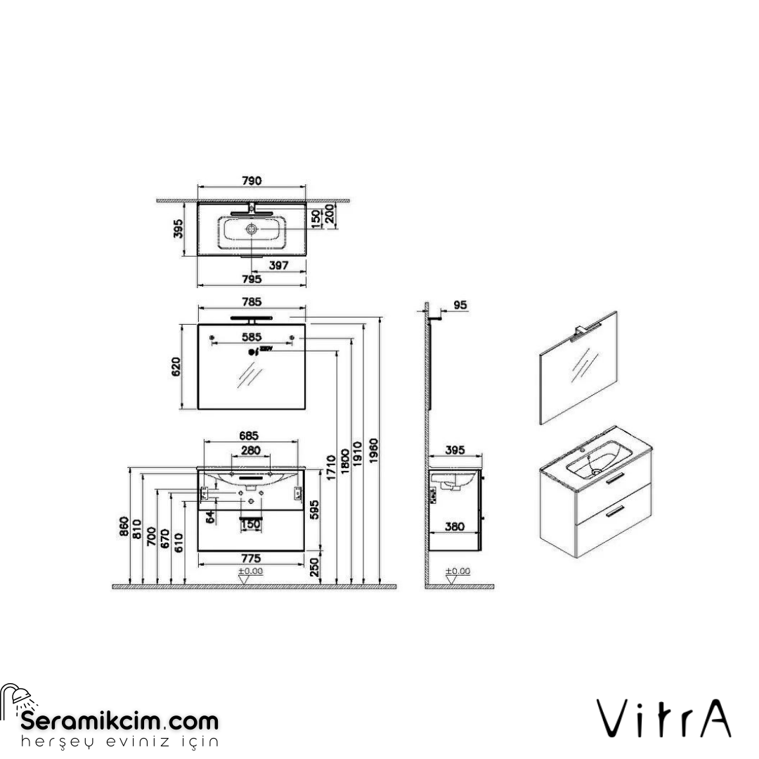 Vitra Banyo Dolabı Seti, Çekmeceli, 80 Cm, Parlak Antrasit 75100