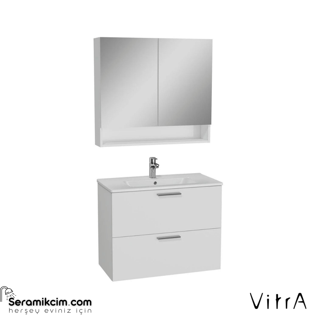Vitra Banyo Dolabı Seti, Çekmeceli, Raflı Dolaplı Ayna 80 Cm, Parlak Beyaz 66050