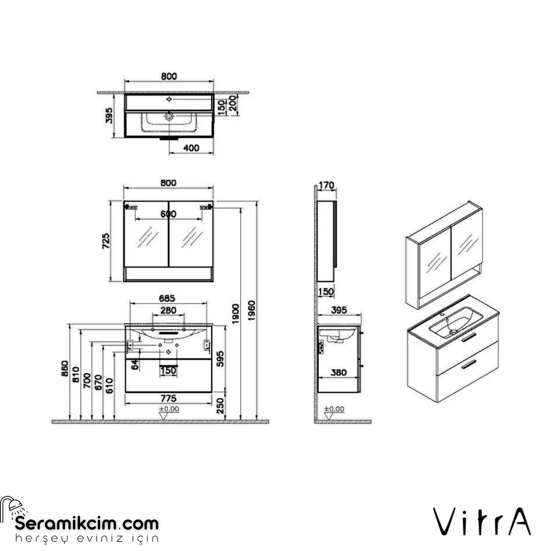 Vitra Banyo Dolabı Seti, Çekmeceli, Raflı Dolaplı Ayna 80 Cm, Parlak Beyaz 66050