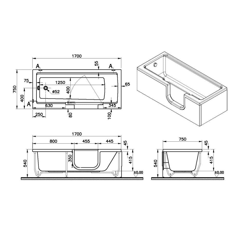 Vitra Combo 170X75 Dikdörtgen Sağ Sifon+Ayak - 57930007000