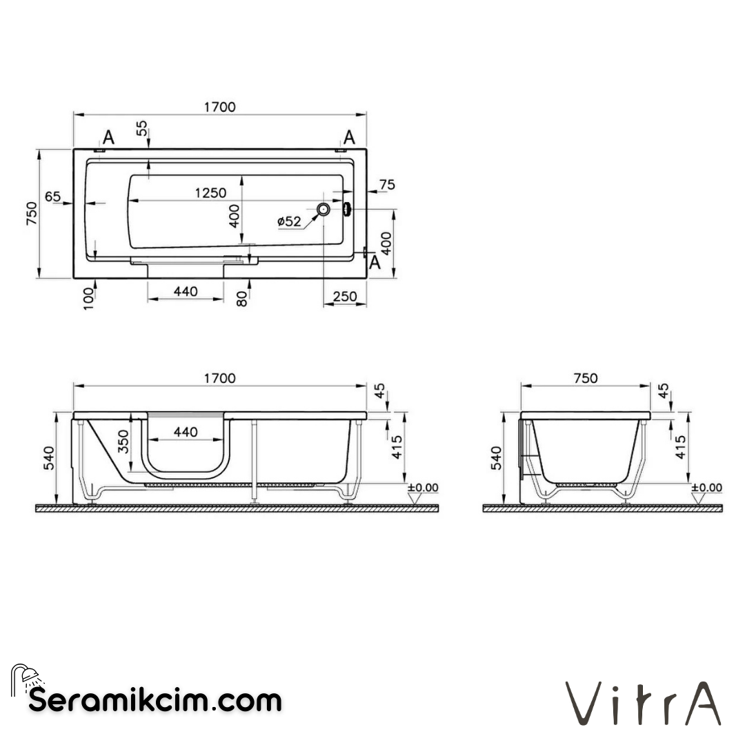 Vitra Combo 170X75 Dikdörtgen Sol Sifon+Ayak - 57940007000