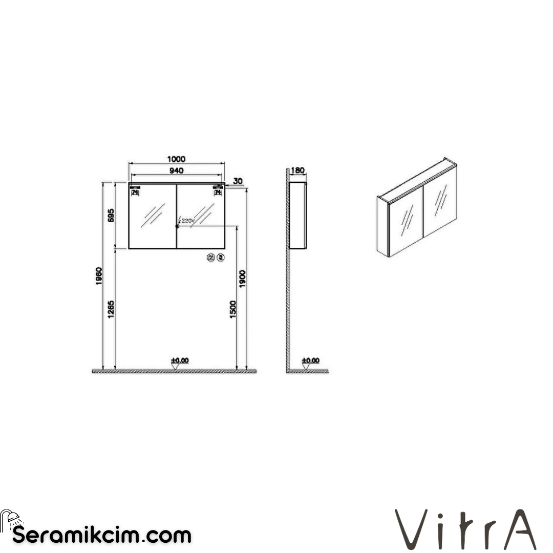 VitrA Core Dolaplı Ayna 100 cm aydınlatmalı mat kırmızı 80516