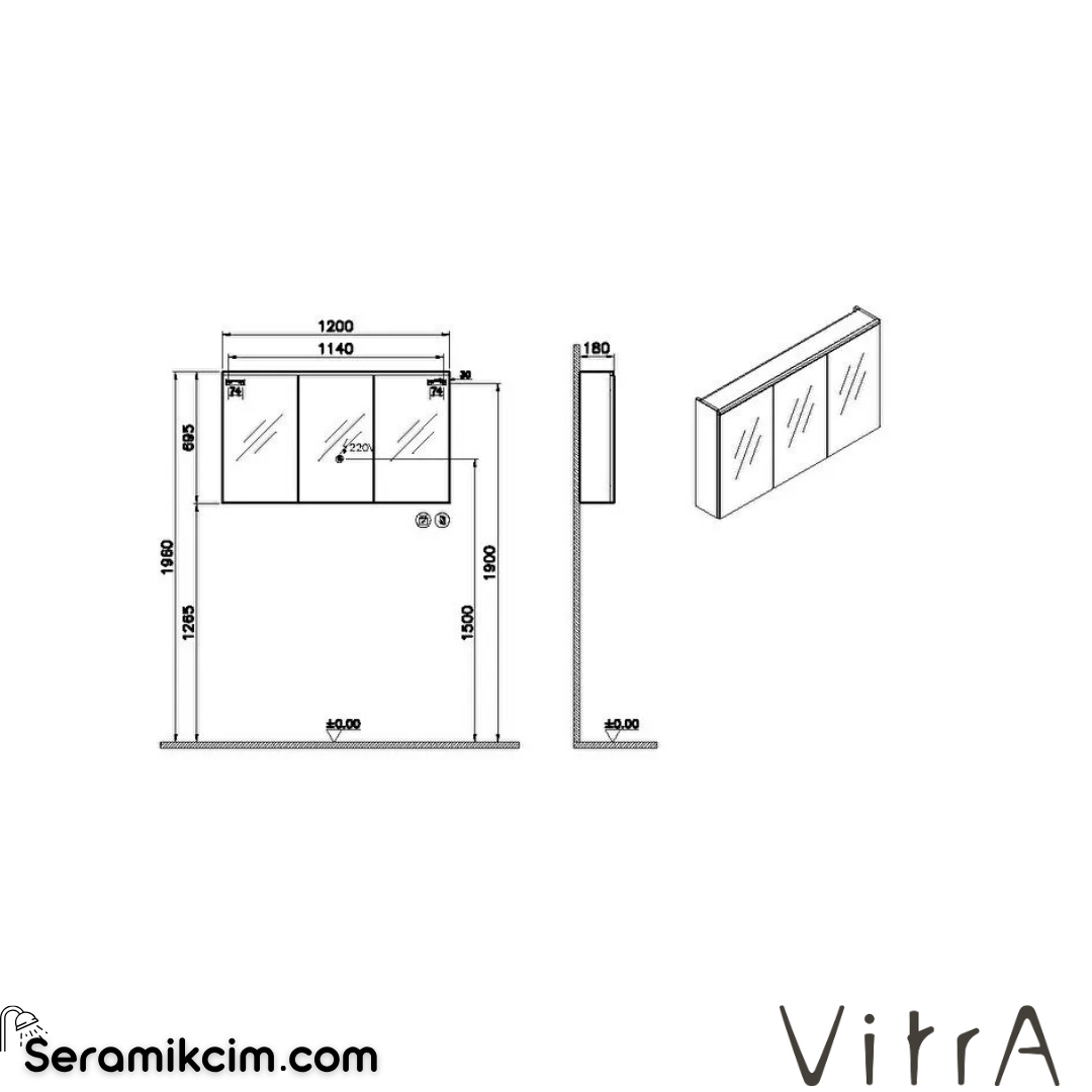 VitrA Core Dolaplı Ayna 120 cm aydınlatmalı altın meşe 80518