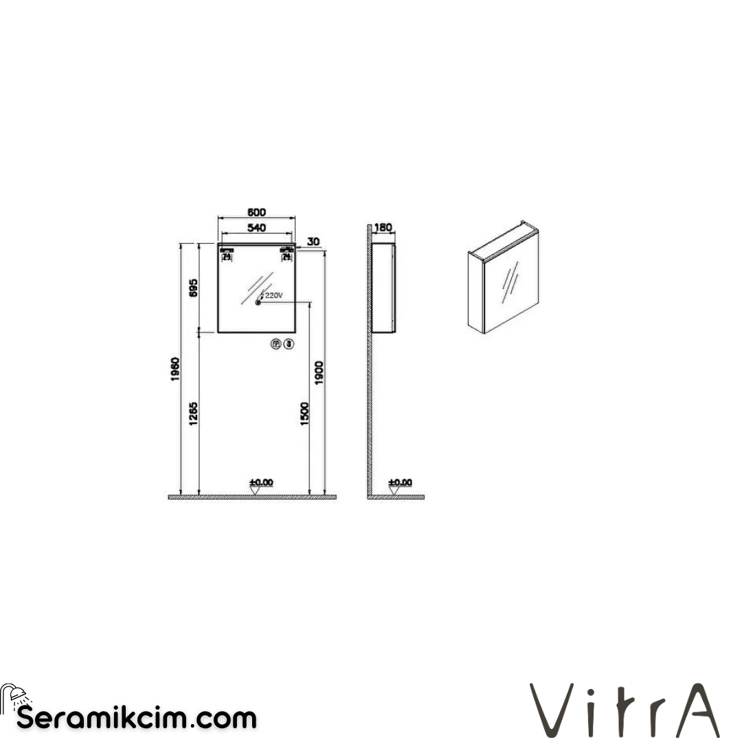 VitrA Core Dolaplı Ayna 60 cm aydınlatmalı mat yeşil sağ 80511