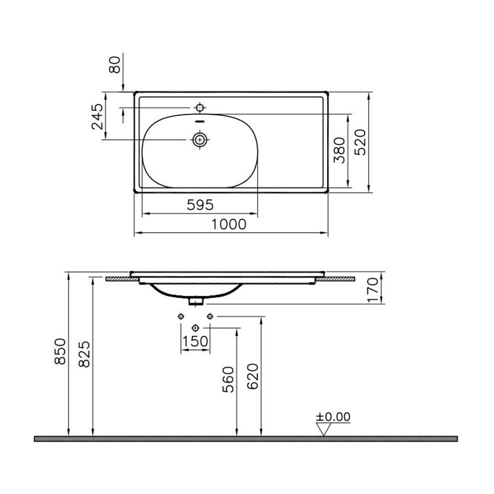 Vitra Equal Etajerli Lavabo 100X52 Cm Tek Armatür Delikli, Su Taşma Delikli, Clean, Beyaz - 7243B403-0001