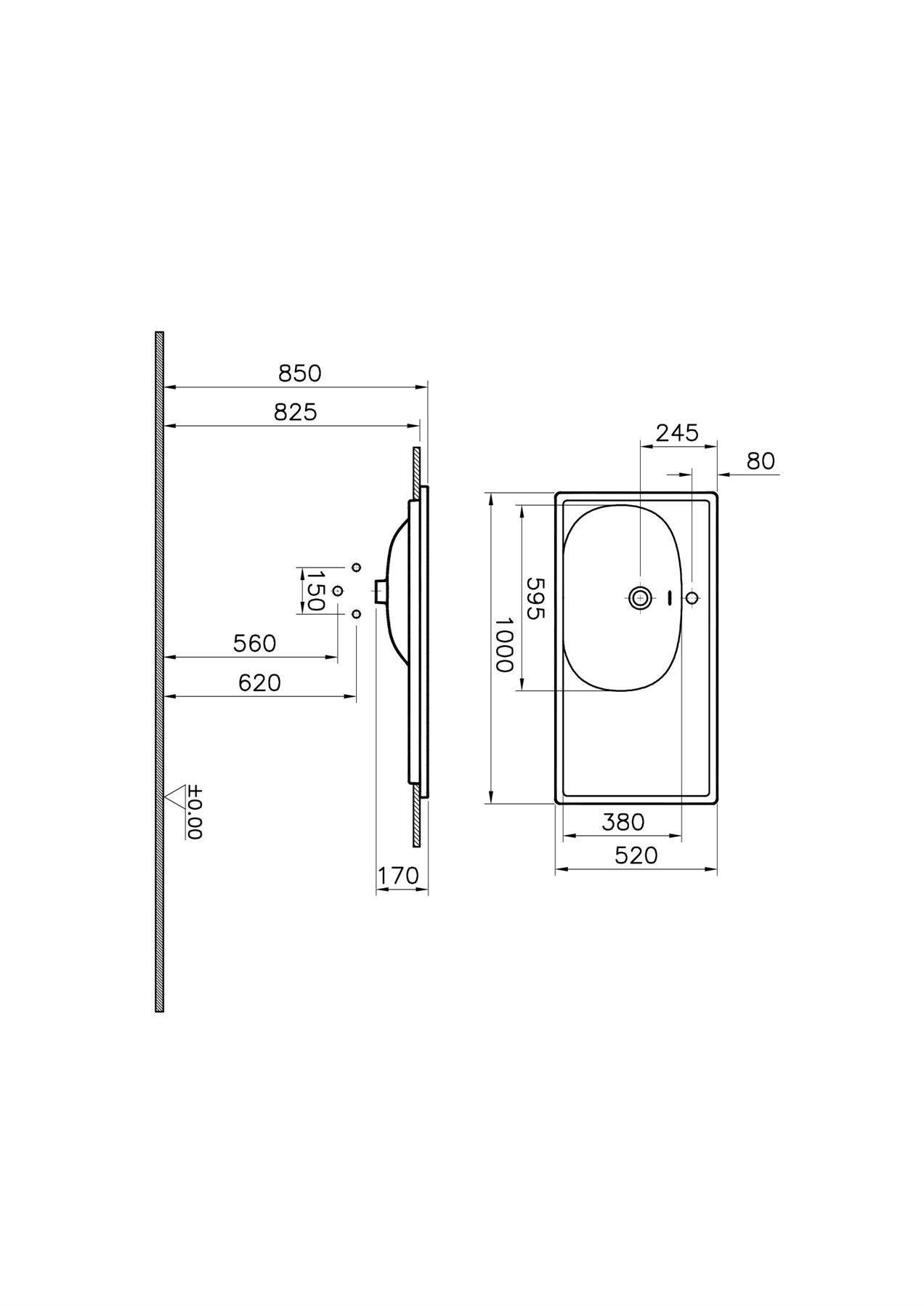 Vitra Equal Etajerli Lavabo 100X52 Cm Tek Armatür Delikli, Su Taşma Delikli, Clean, Mat Taş Gri - 7243B476-0001