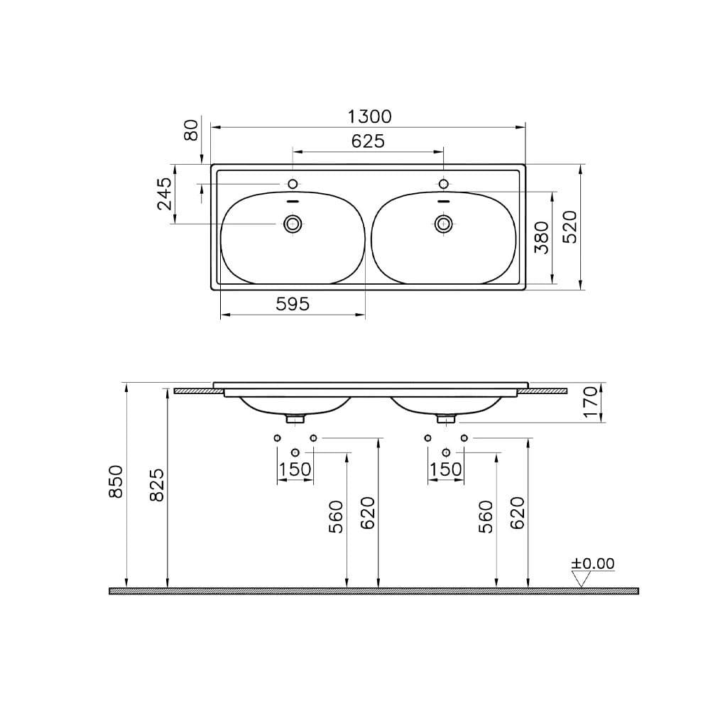 Vitra Equal Etajerli Lavabo 130X52 Cm Tek Armatür Delikli, Su Taşma Delikli, Clean, Mat Taş Gri - 7244B476-0001