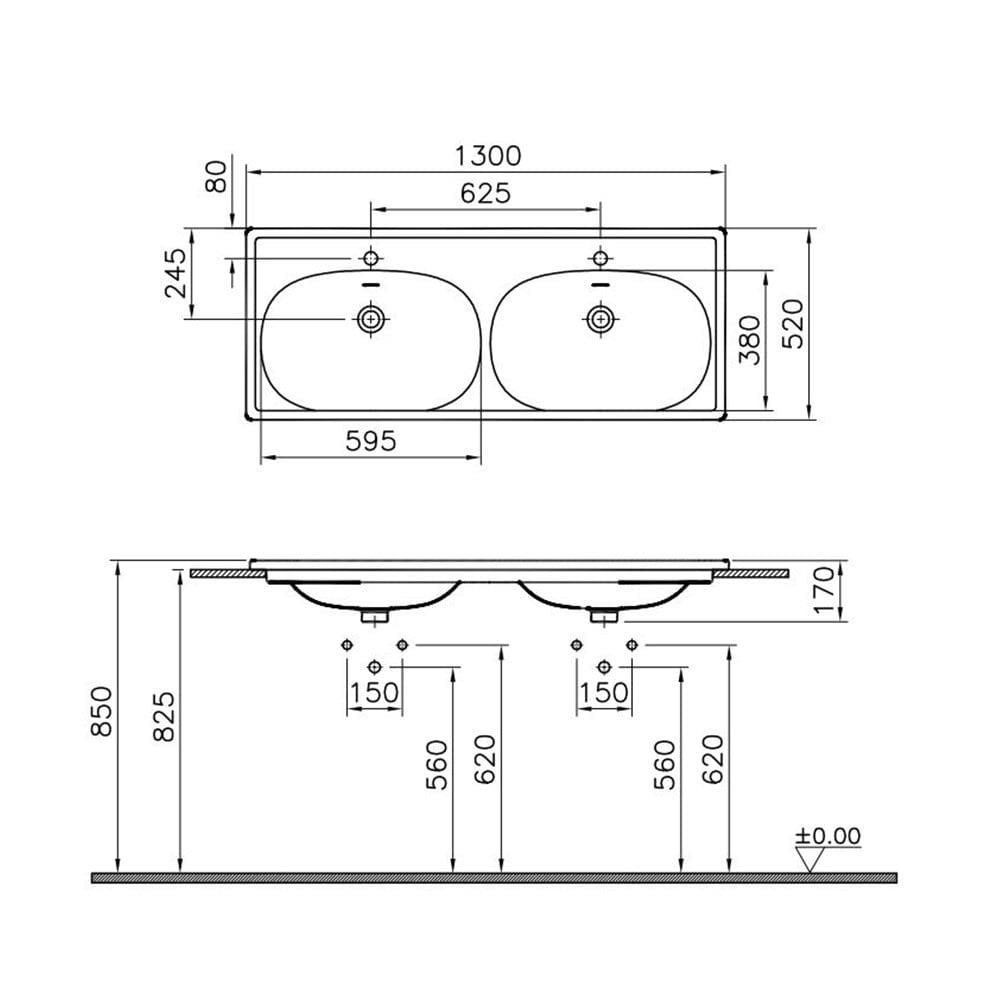 Vitra Equal Etajerli Lavabo 130X52 Cm Tek Armatür Delikli, Su Taşma Delikli, Clean, Beyaz - 7244B403-0001