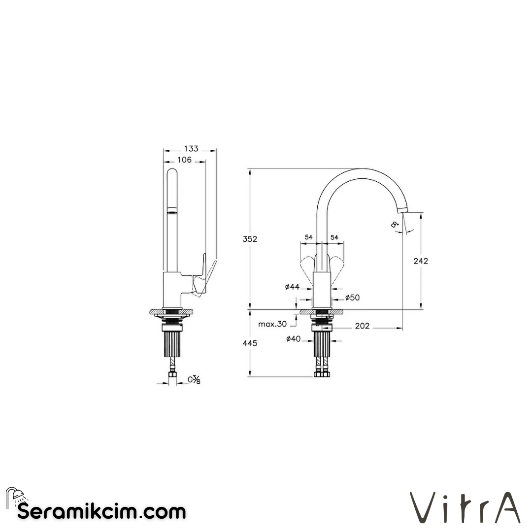 VitrA Flow Soft Eviye Bataryası (C-tip) Krom A43419 - A43419