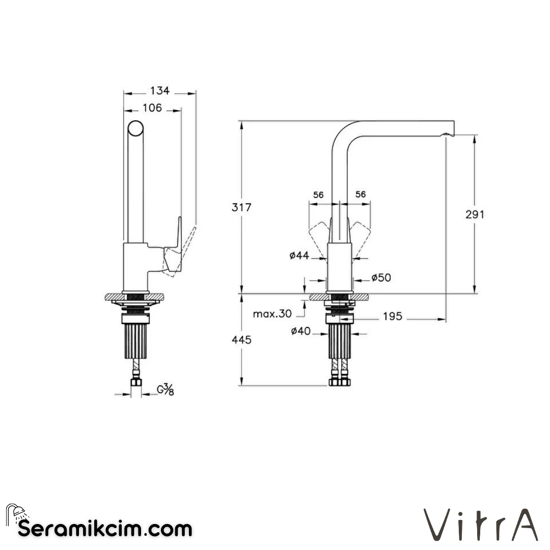 VitrA Flow Square Eviye Bataryası Krom A43396 - A43396
