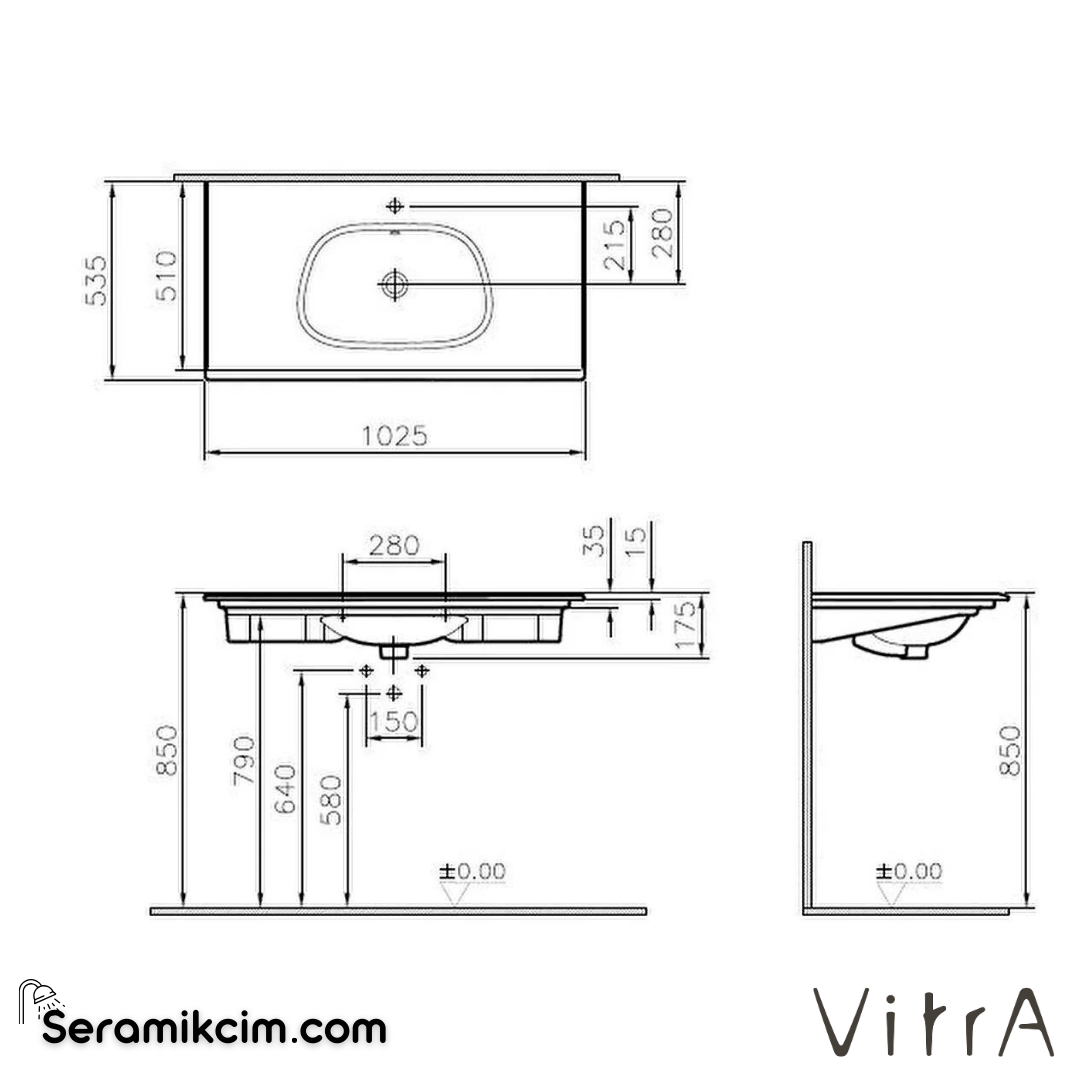 VitrA Frame Etajerli Lavabo 105x50 cm Tek Armatür Delikli, Su Taşma Delikli, Clean, Beyaz - 5709B403-0001