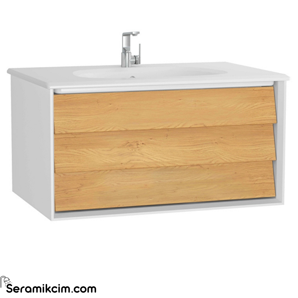 Vitra Frame Lavabo Dolabı 80 Cm, Bir Çekmeceli Beyaz Etajerli Lavabolu, Mat Soft Beyaz & Dore Meşe 61220