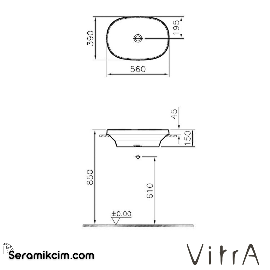 VitrA Frame Tezgahüstü Lavabo Oval, 55x39 cm Armatür Deliksiz, Su Taşma Deliksiz, Clean, Beyaz - 5652B403-0016