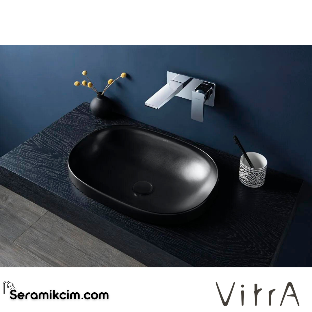 VitrA Frame Tezgahüstü Lavabo Oval, 55x39 cm Armatür Deliksiz, Su Taşma Deliksiz, Clean, Mat Siyah - 5652B483-0016