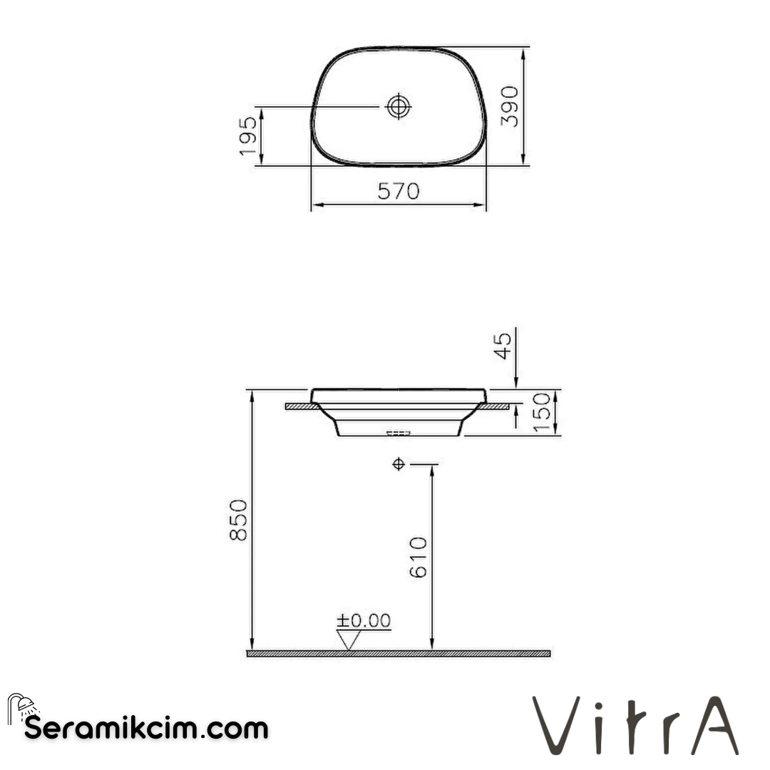VitrA Frame Tezgahüstü Lavabo Tv Shape, 55x39 cm Armatür Deliksiz, Su Taşma Deliksiz, Clean, Mat Siyah - 5653B483-0016