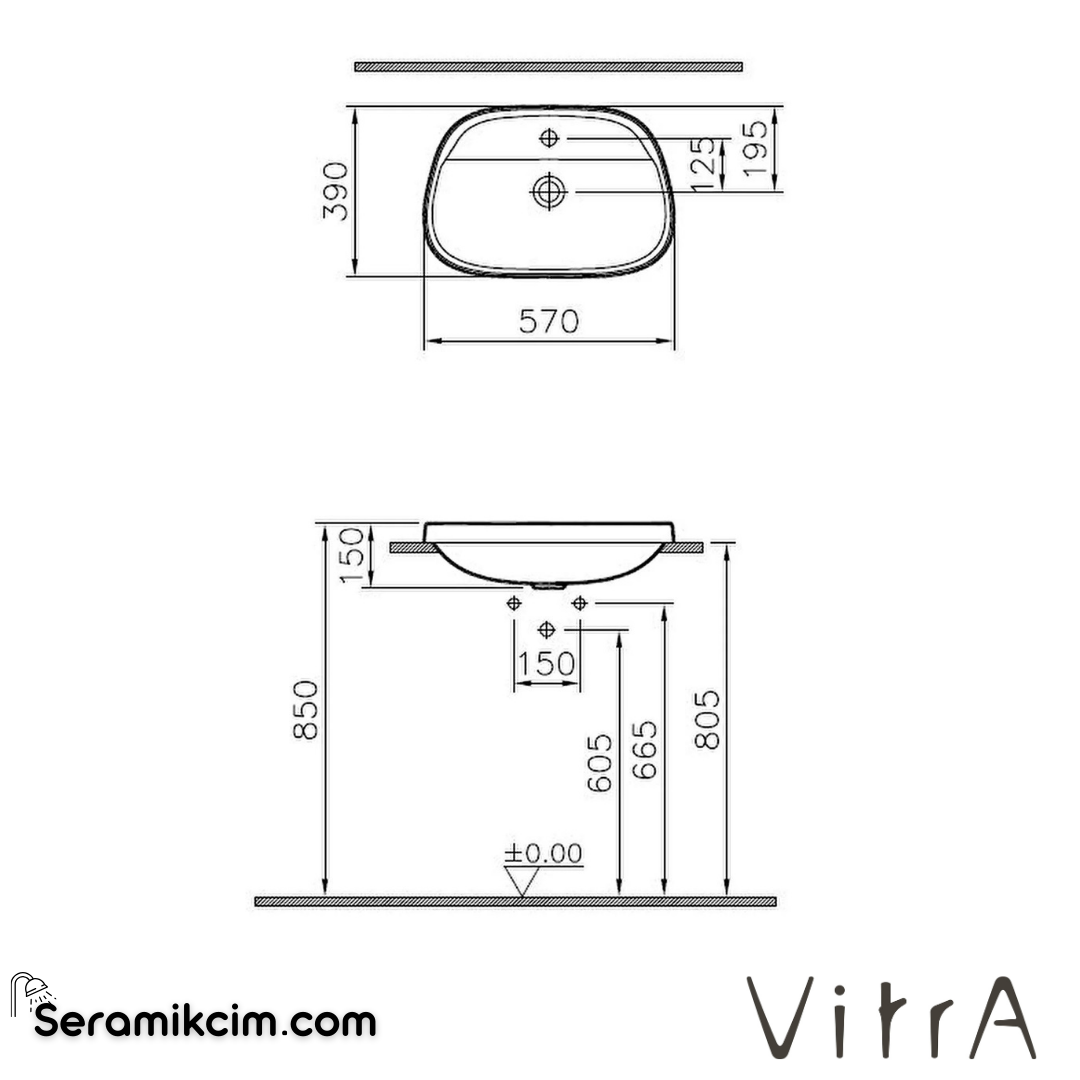 VitrA Frame Tezgahüstü Lavabo Tv Shape, 55x39 cm Tek Armatür Delikli, Su Taşma Deliksiz, Clean, Beyaz - 5696B403-0041