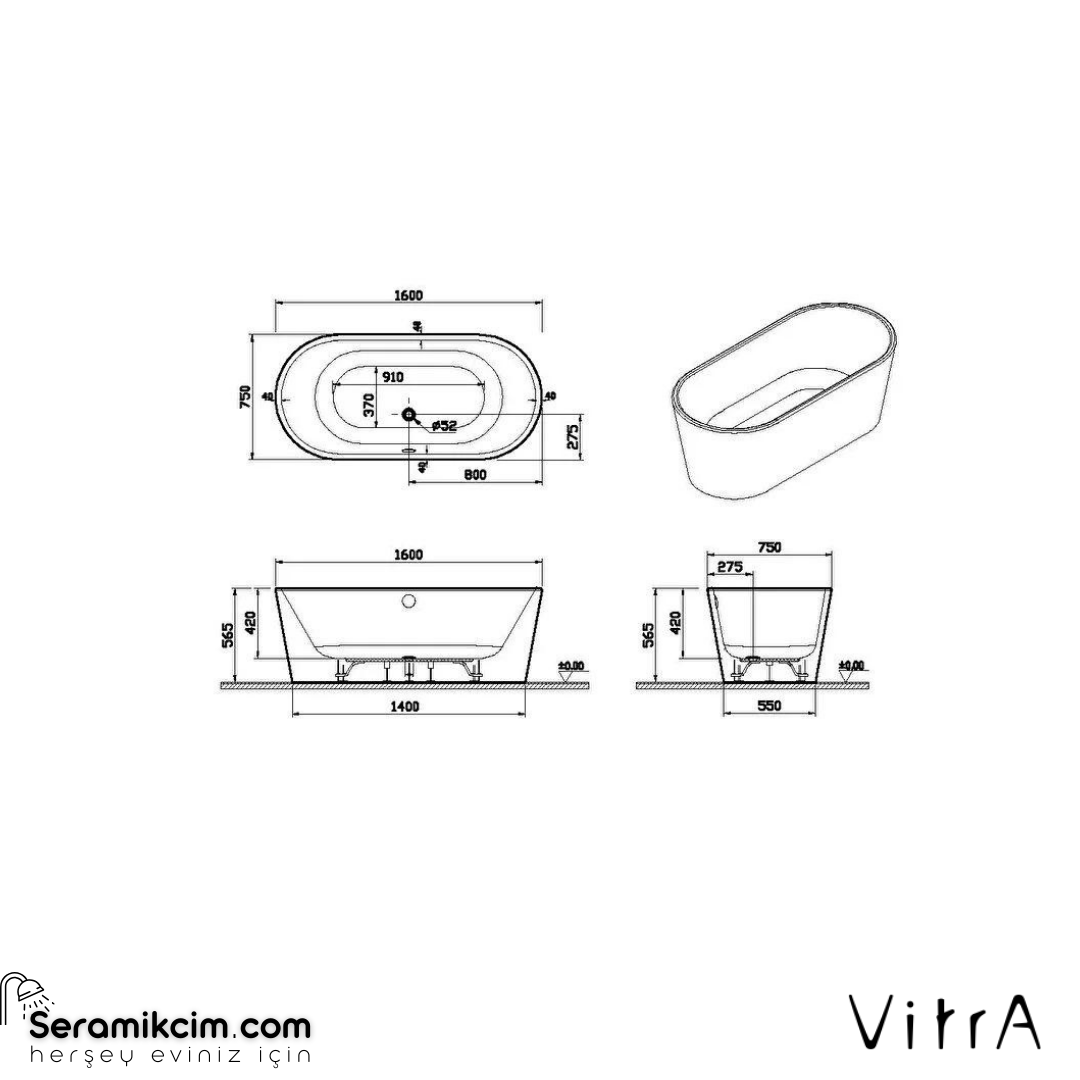 VitrA Geo 160X75 Freestanding Küvet + Ayak Seti + Standart Sifon