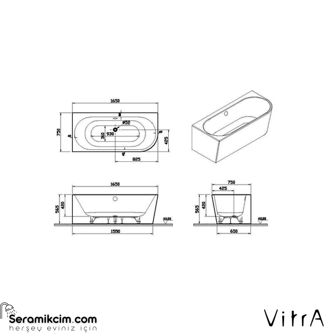 VitrA Geo 165X75 Sol Köşe Küvet + Ayak Seti + Gizli Sifon