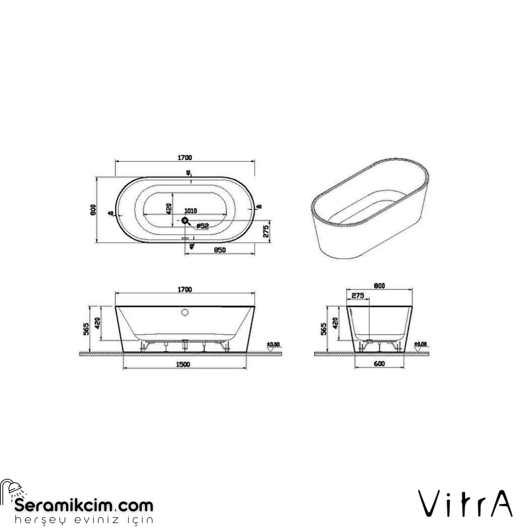 VitrA Geo 170X80 Freestanding Küvet + Ayak Seti + Standart Sifon