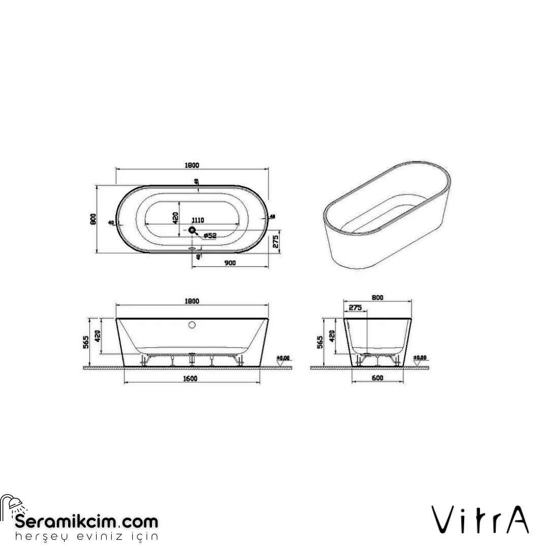 VitrA Geo 180X80 Freestanding Küvet + Ayak Seti + Kare Sifon