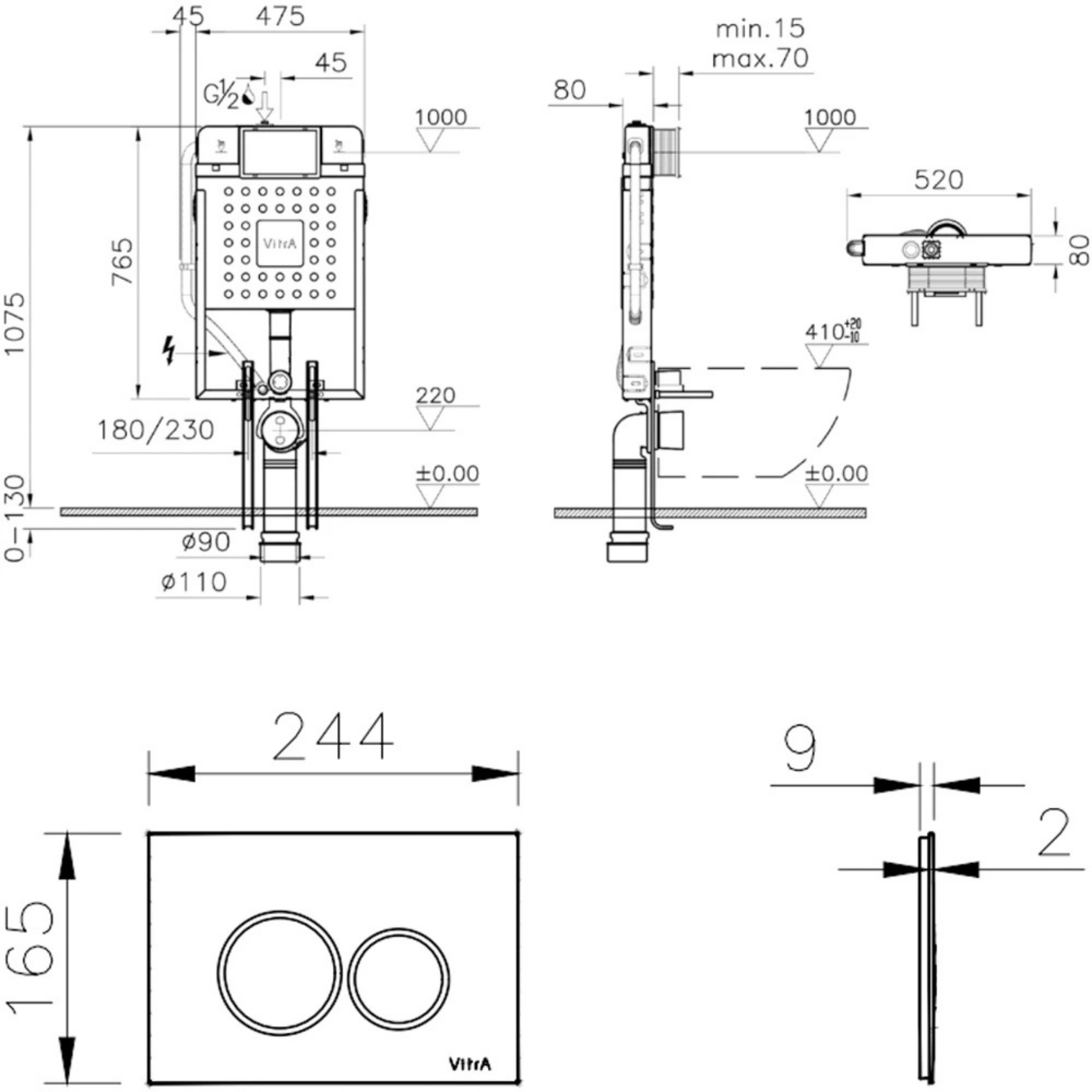Vitra Gömme Rezervuar Seti Krom Origin Kumanda Paneli Stop Valf (768-1851-01+740-2480+A4146Gr+A41441Gr) 800-2048