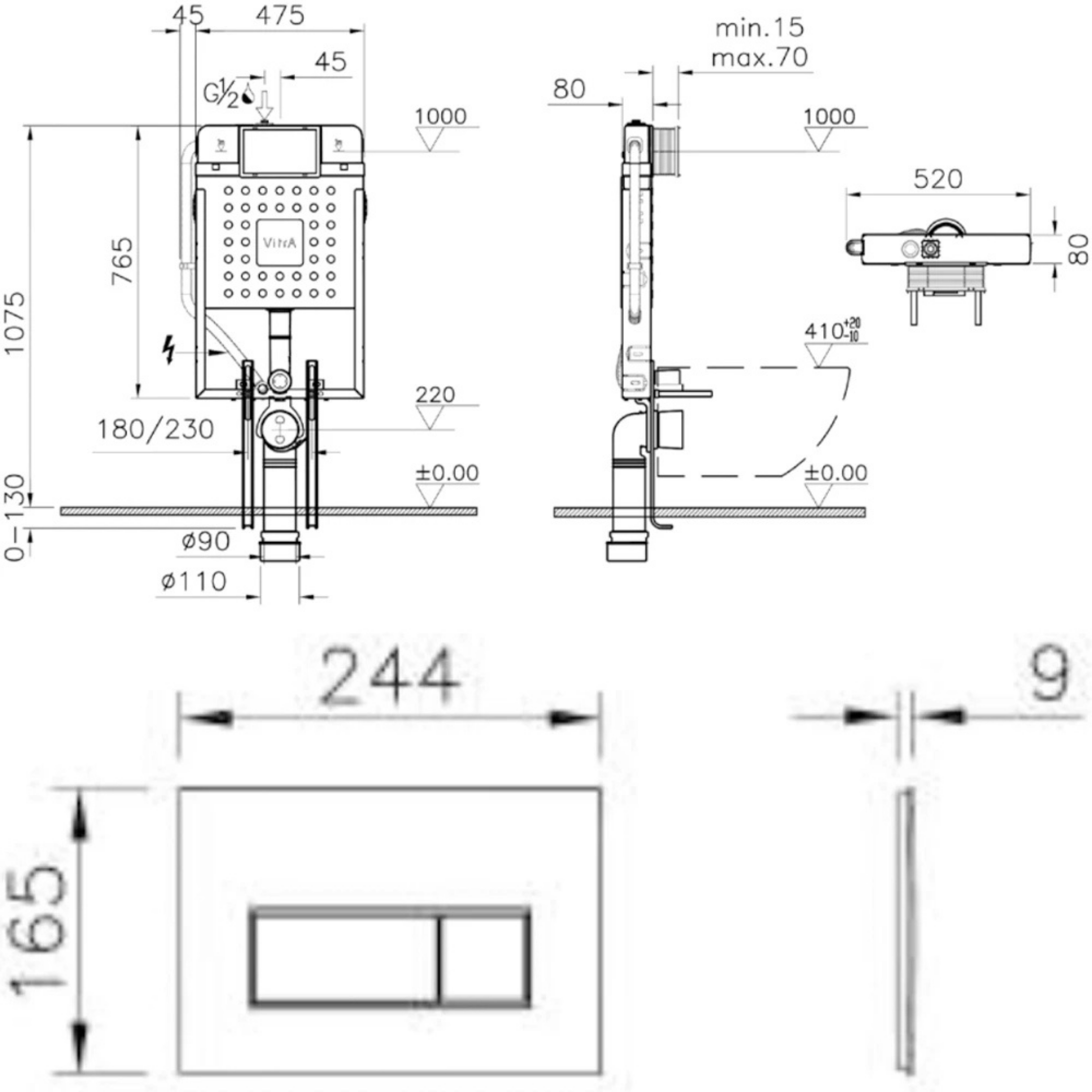 Vitra Gömme Rezervuar Seti Krom Root Square Kumanda Paneli Stop Valf (768-1851-01+740-2380+A41461Gr+A41441Gr) 800-2028