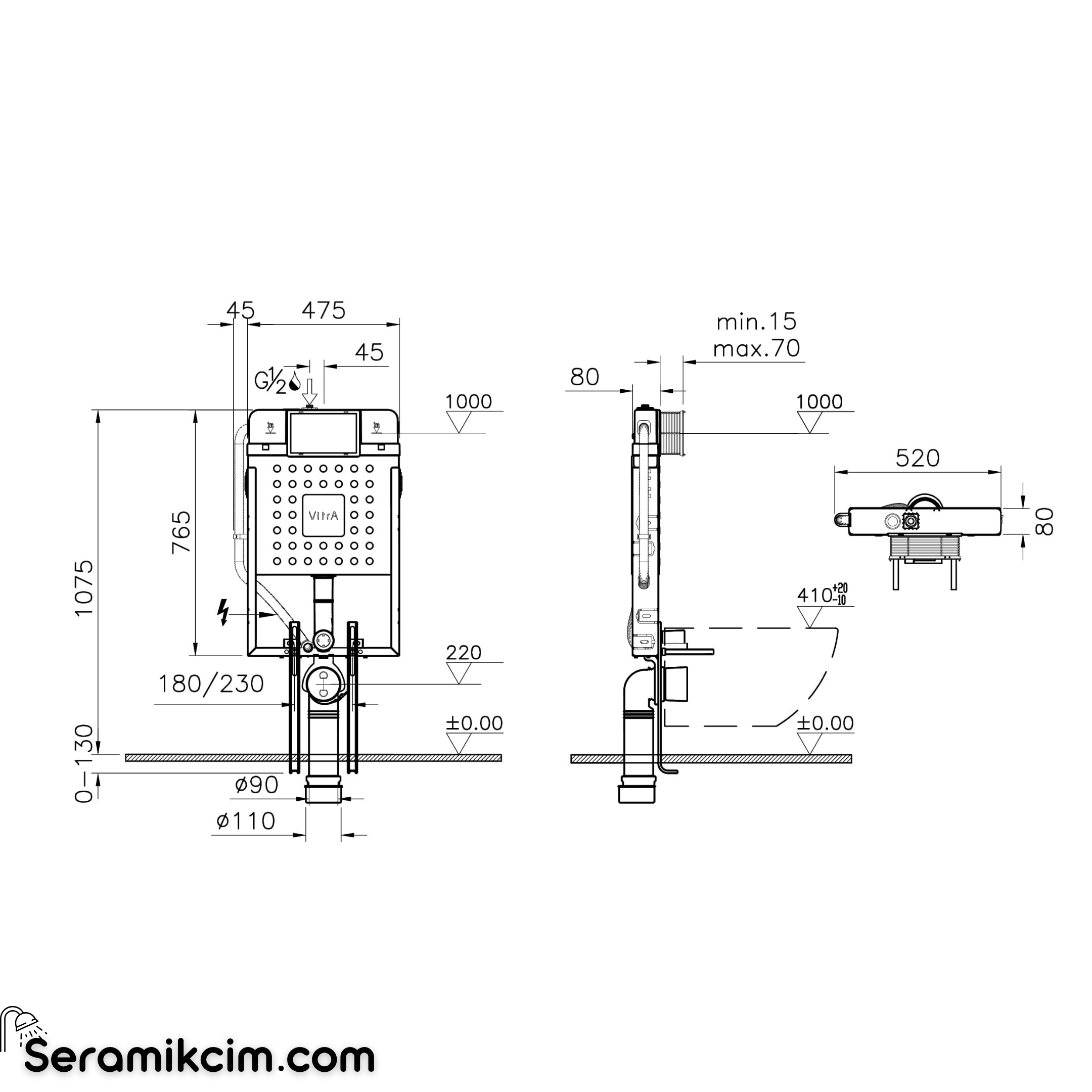Vitra Gömme Rezervuar Seti Panel Ve Stop Valf Dahil 3/6 L Soft Bakır 800-2025