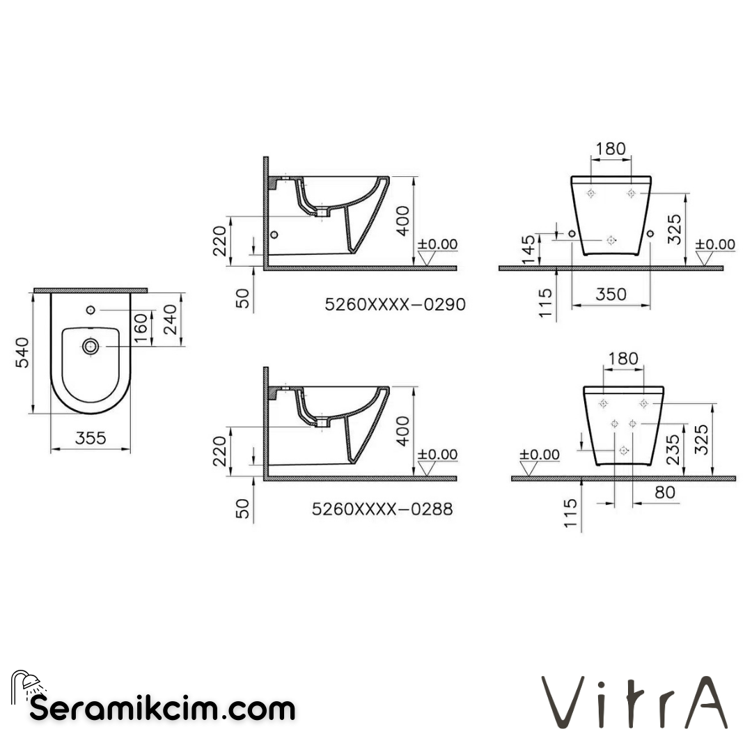 VitrA Integra Asma Bide Gizli Montajlı, 54 cm Tek Armatür Delikli, Yanlardan Deliksiz, Mat Beyaz - 7042B001-0288