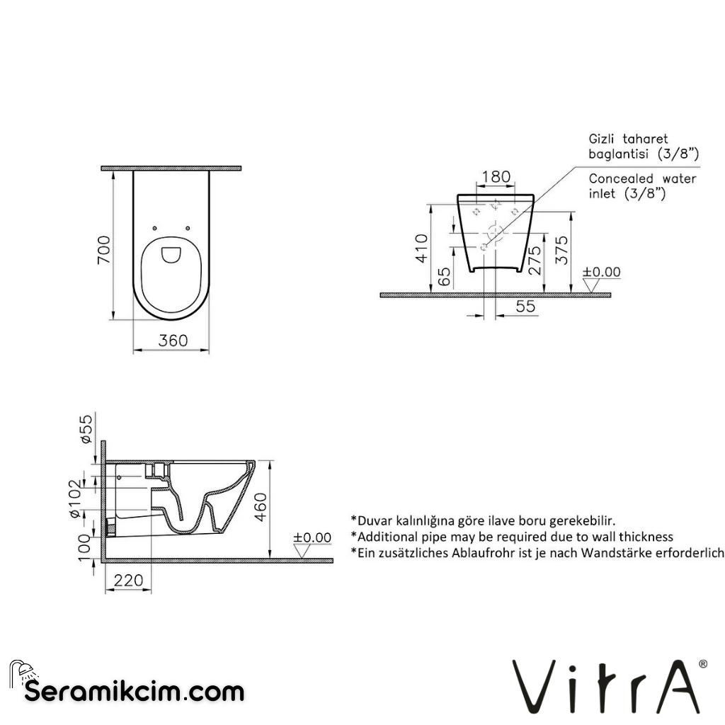 VitrA Integra Asma Klozet Rim-ex, Gizli Montajlı, Özel İhtiyaç, 70 cm Taharet Borulu, Taharet Borusu Girişi Sıva Altı Uygulamalı, Beyaz - 7098B003-0090