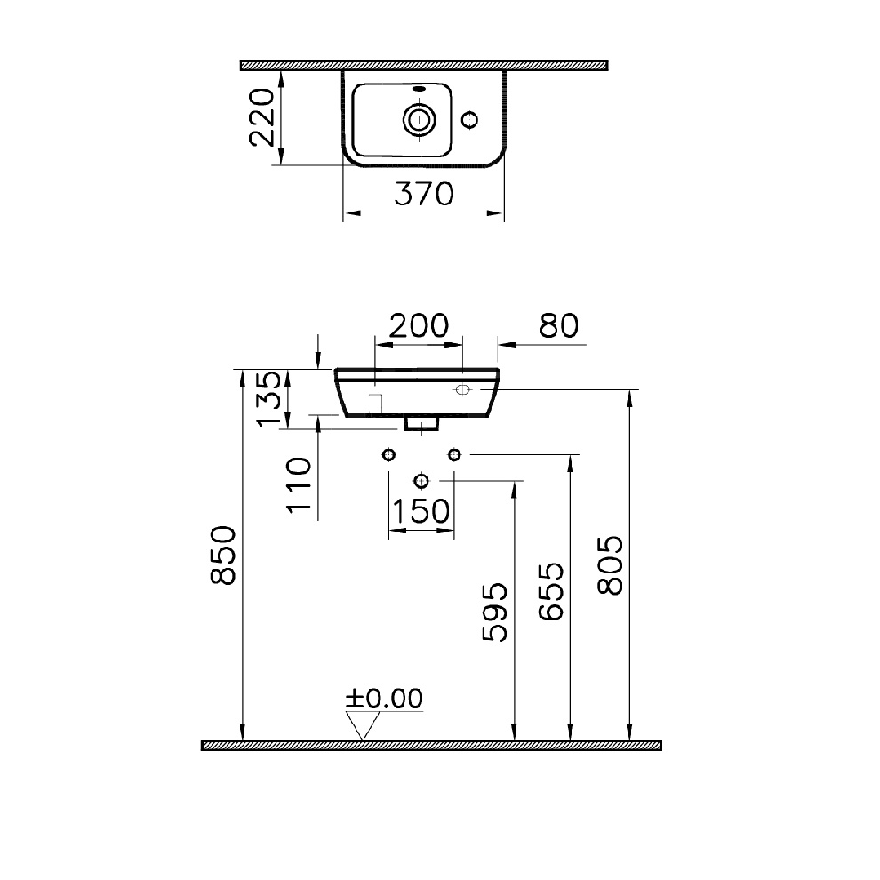 VitrA Integra Lavabo Dikdörtgen, Kompakt, 35x22 cm Tek Armatür Delikli, Su Taşma Delikli, Beyaz - 7091L003-0029