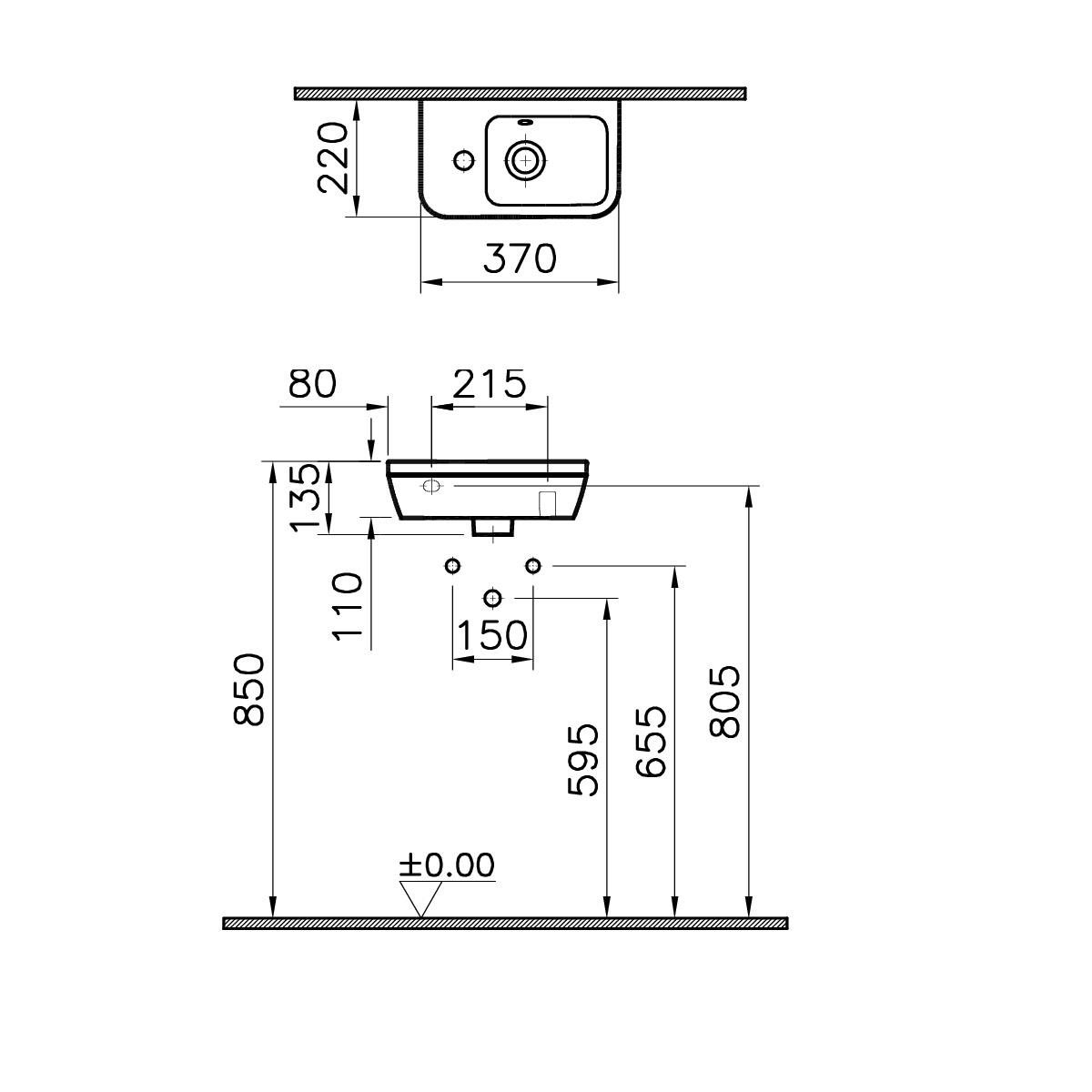 VitrA Integra Lavabo Dikdörtgen, Kompakt, 35x22 cm Soldan Tek Armatür Delikli, Su Taşma Delikli, Beyaz - 7090L003-0028