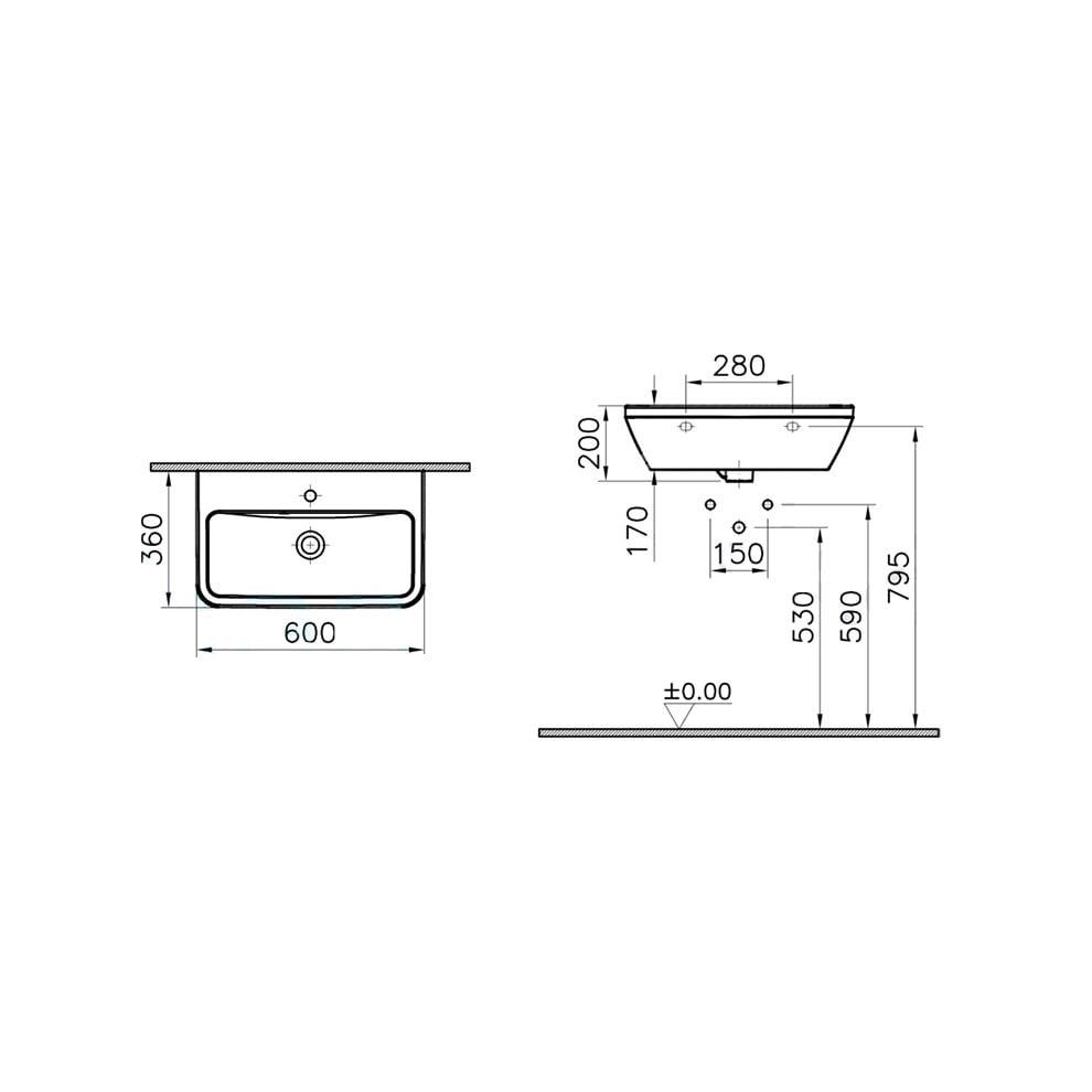 VitrA Integra Lavabo Dikdörtgen, Kompakt, 60x36 cm Tek Armatür Delikli, Su Taşma Delikli, Beyaz - 7088L003-0001