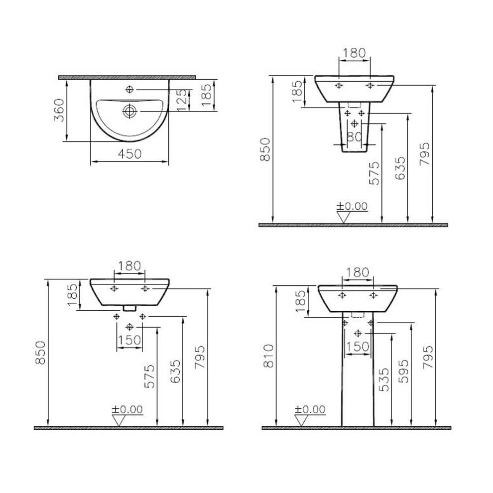 VitrA Integra Lavabo Yuvarlak, Kompakt, 45x36 cm Tek Armatür Delikli, Su Taşma Delikli, Beyaz - 7065L003-0001