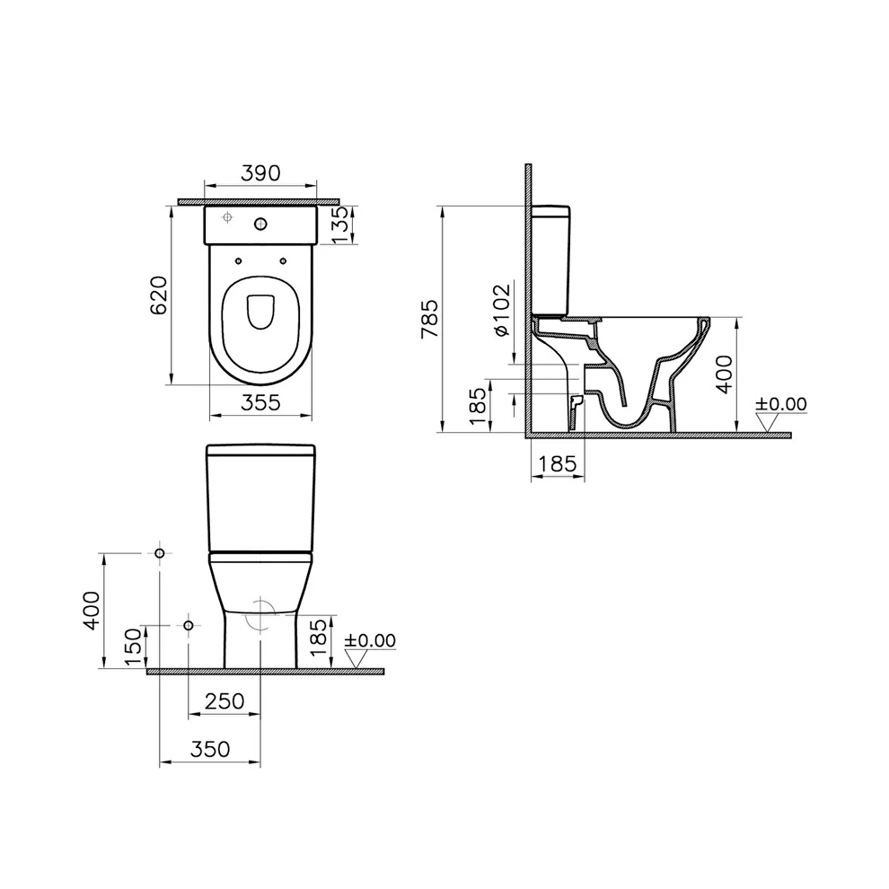 VitrA Integra Takım Klozet Rim-ex, Arkası Açık, 62 cm Taharet Borulu, Beyaz - 7044L003-0088