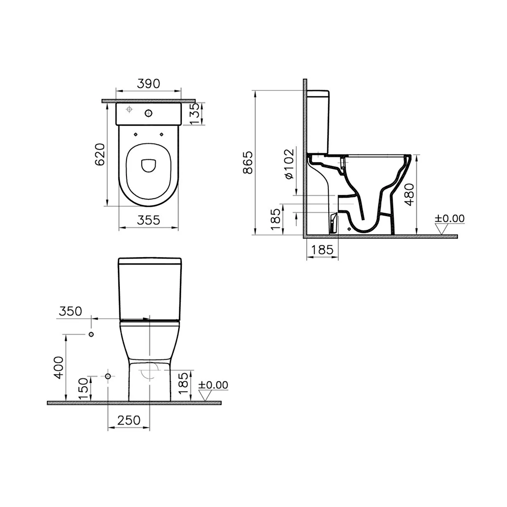 VitrA Integra Takım Klozet Rim-ex, Arkası Açık, Özel İhtiyaç, 62 cm Taharet Borulu, Beyaz - 7094B003-0088