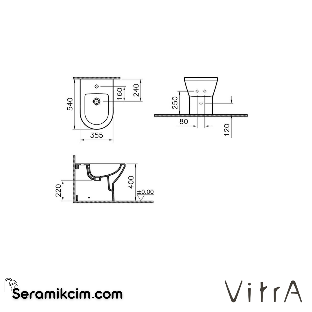 VitrA Integra Yerden Bide Duvara Tam Dayalı, 54 cm Tek Armatür Delikli, Yanlardan Deliksiz, Mat Siyah - 7039B083-0288