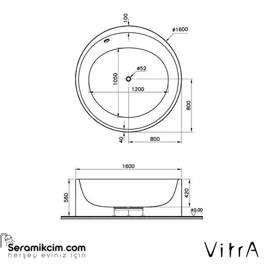 Vitra Istanbul ø160cm Silindir Monoblok Aqua Soft Hidromasajlı Küvet