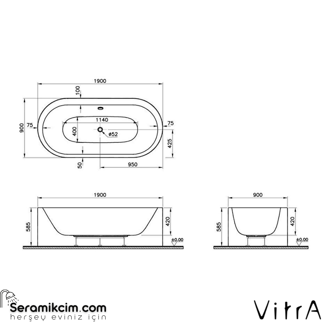 Vitra Istanbul 190X90 Oval Monoblok Aqua Soft Hidromasajlı Küvet